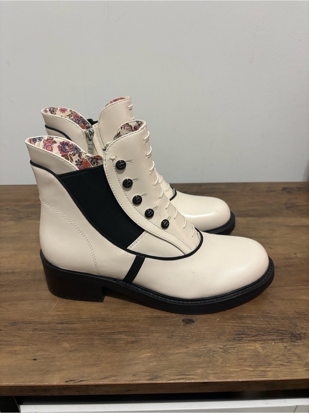 Coach x Tabatha Simmons  Cream Ankle Boots with Black Trim